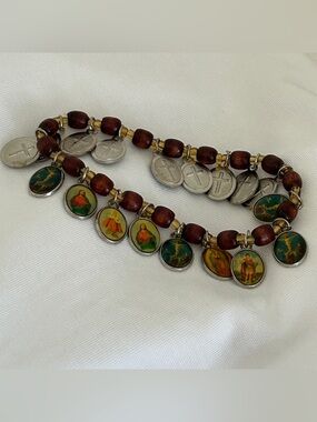 Religious charm cross bracelet Rosary Jesus  Saint Medallions Wood Bead Bracelet